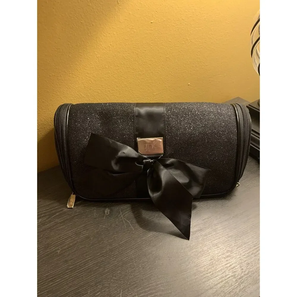 GHD Cosmetic Bag with Satin Bow Glitter Black And Silver Hair Styler Makeup Case